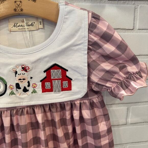 Boutique Marie Nicole Girls 6T (2XL) Pink Plaid Farm Cow Tractor Dress - Picture 5 of 9